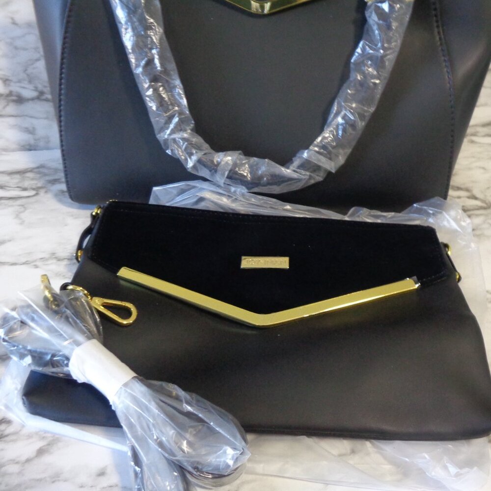 Joy & Iman Leather Satchel Handbag Purse w Velvet Clutch Shoulder Strap - Picture 6 of 9
